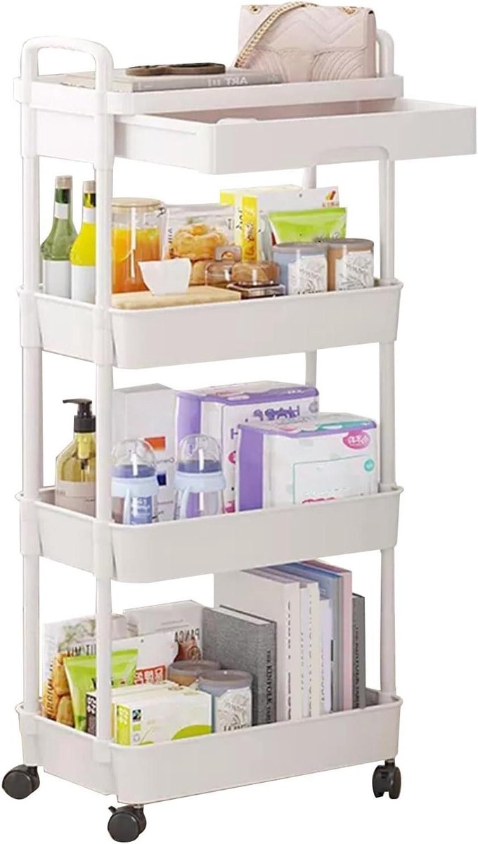 Opbergkar Met Wielen - Verrijdbare Organizer - Ruimte Besparen - Snelle Montage - 4 Laags - Wit