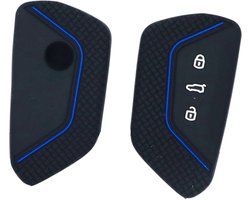 Zachte Siliconen Sleutelcover Sport - Sleutelhoesje Geschikt voor Volkswagen Golf 8 / ID3 / ID4 / ID5 / ID6 / Seat Leon 2020 / Skoda Octavia 2021 - Zwart Blauw - Sleutel Hoesje Cover - Auto Accessoires