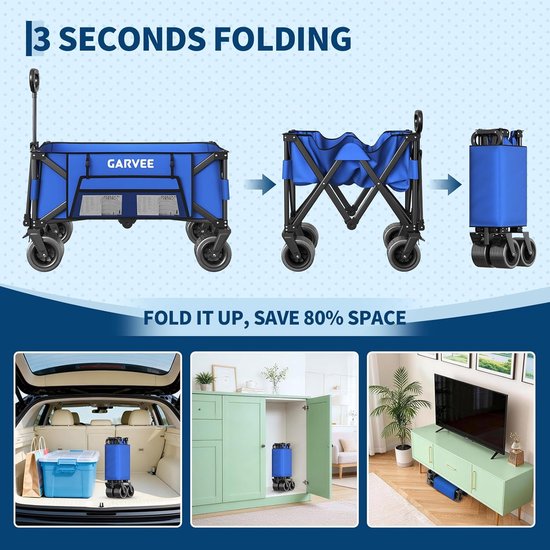 Heavy-Duty Opvouwbare Bolderkar Zwart - Draagkracht 215 kg / 280 Liter - Bolderwagen met All-Terrain Wielen, Remmen & Bagagespin - Strandkar & Kamperen - Blauw — afbeelding 3