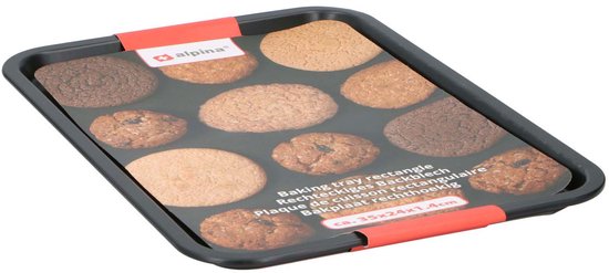Zwarte bakplaat met rode handvatten, met afbeelding van koekjes. Afmetingen 35x24x1.4 cm.