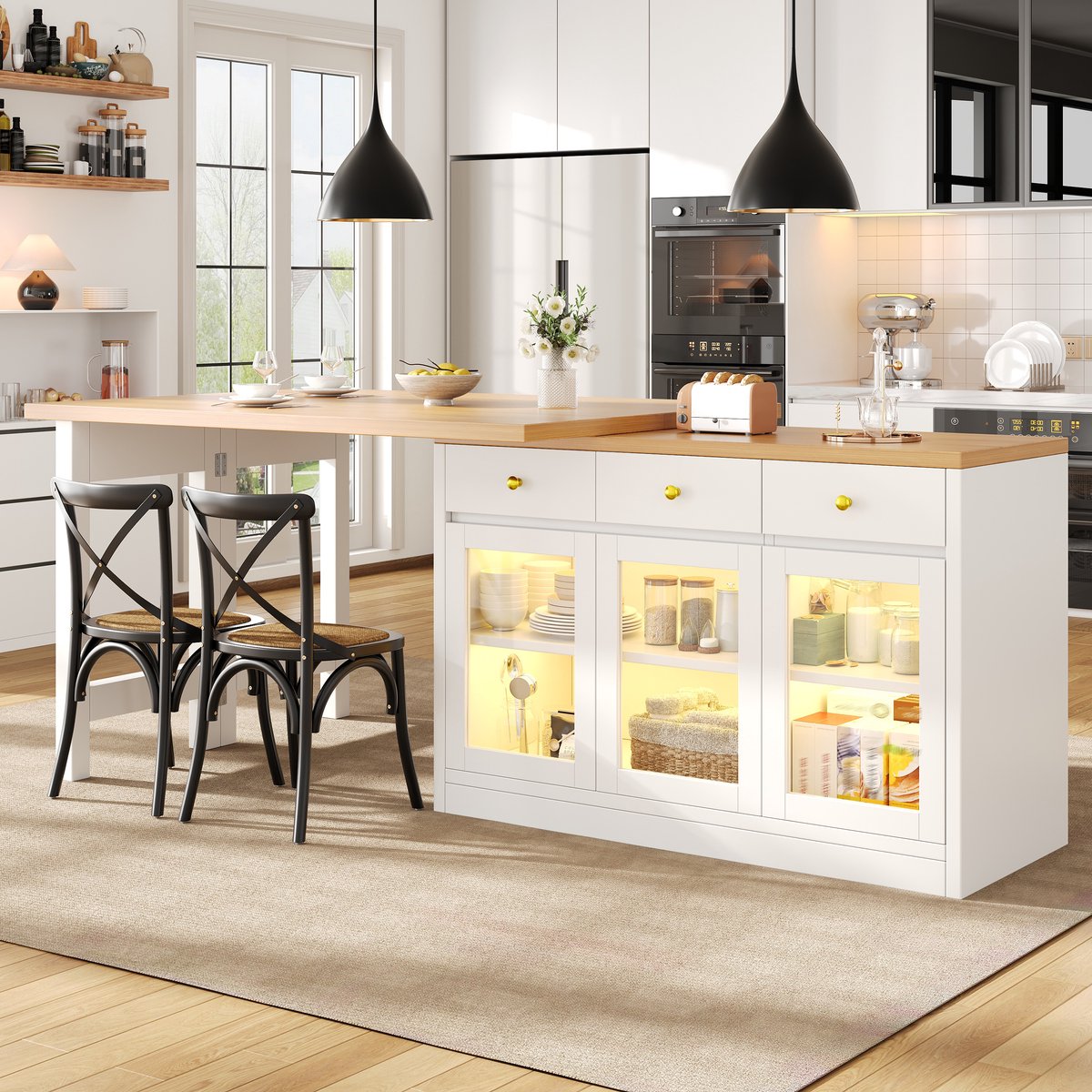 Wishdor Uitschuifbaar Keukeneiland Met Ledverlichting En 3 Laden - Glazen Deuren En Zachte Sluiting - Modern Ontwerp Voor Keuken En Eethoek - MDF En Metaal - Wit - 120-200 X 40 X 75,5 Cm
