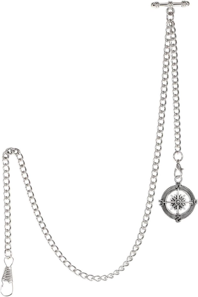 Zakhorloge Ketting - Albert Ketting - Met Kompas - Dubbele Haak - 37 cm - Zilverkleurig