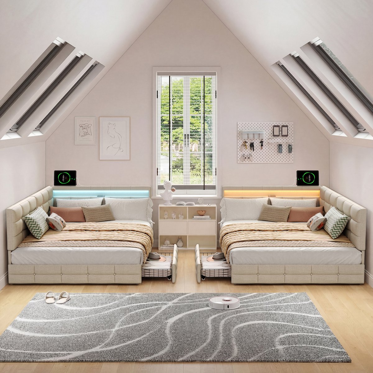 ROSAHQNDA Gestoffeerde slaapbank met ledverlichting, USB-oplaadpoorten en 2 lades, 140x190 cm, verstelbaar hoofdeinde in breedte, linnenstof, beige, exclusief matras