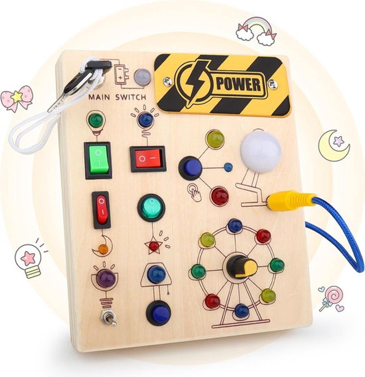 Montessori Activiteitenbord voor Kinderen vanaf 1 Jaar - Houten Drukbord met LED Lichtschakelaars en Educatief Speelgoed - Sensorisch Leerspel voor Motorische Ontwikkeling - Ideaal Cadeau voor Jongens en Meisjes van 1, 2, 3, 4 Jaar