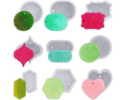 FineInno 9 Stuks Hanger Hars Mallen Pendant Resin Molds Sieraden Epoxy Gietvorm Hart Rond Ovaal Zeshoek Resin Formen voor DIY Jewelry Ketting Ambachten