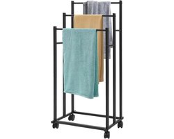 Handdoekenrek met 4 wielen, 2 remmen, 3 stangen, in hoogte verstelbaar, zwart, metaal, badkamer, wasrek, slank design, ruimtebesparend voor het opbergen van handdoeken, badkamer, hotel, spa
