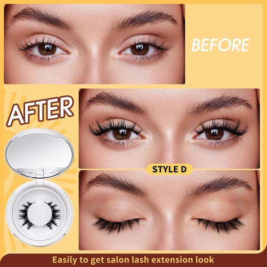 Vergelijking voor en na het aanbrengen van Style D magnetische wimpers voor een salon-look.