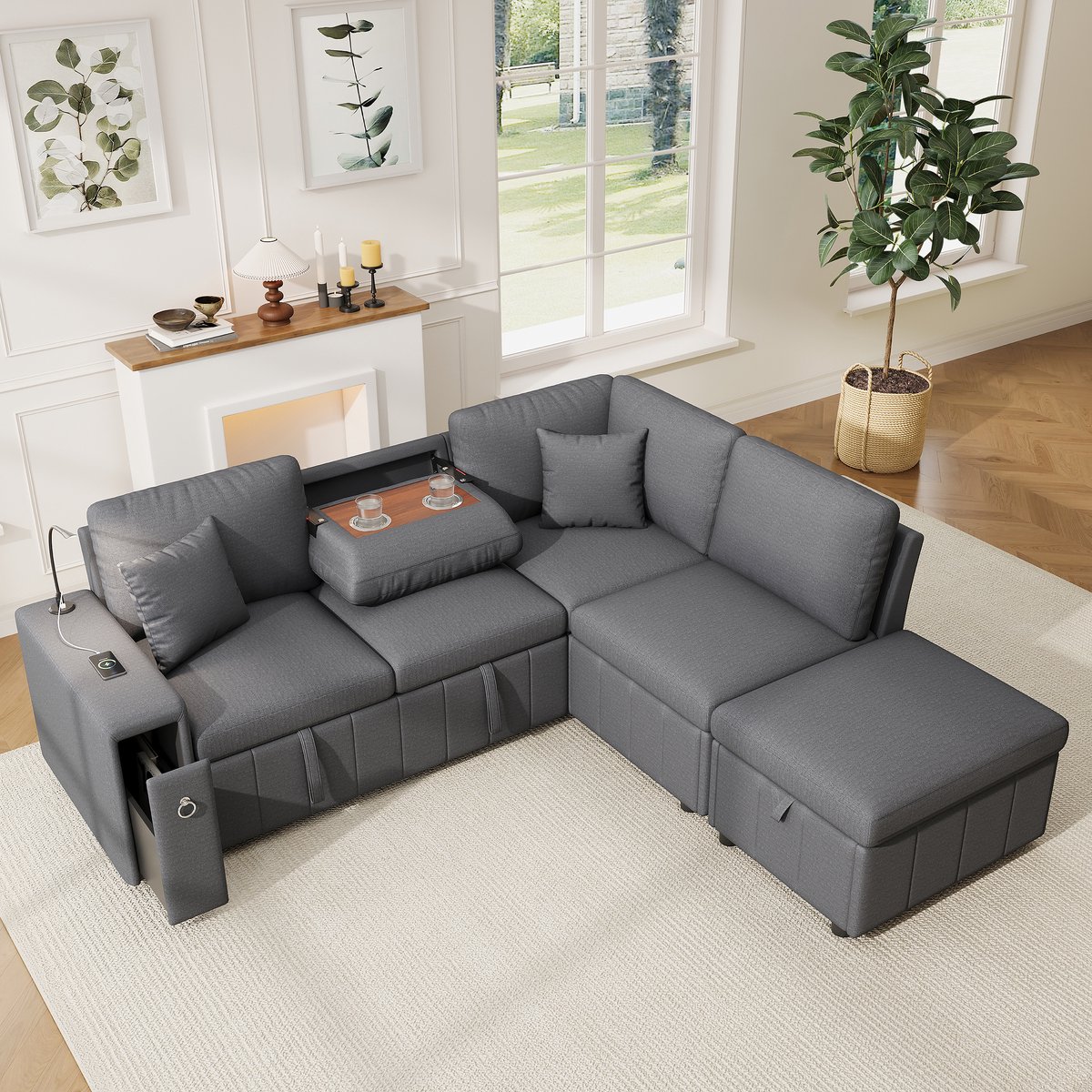 MODFU - Hoekbank Met Slaapfunctie En Opberghocker - Modulair - Linnen - Grijs - 213 X 184 X 88 Cm
