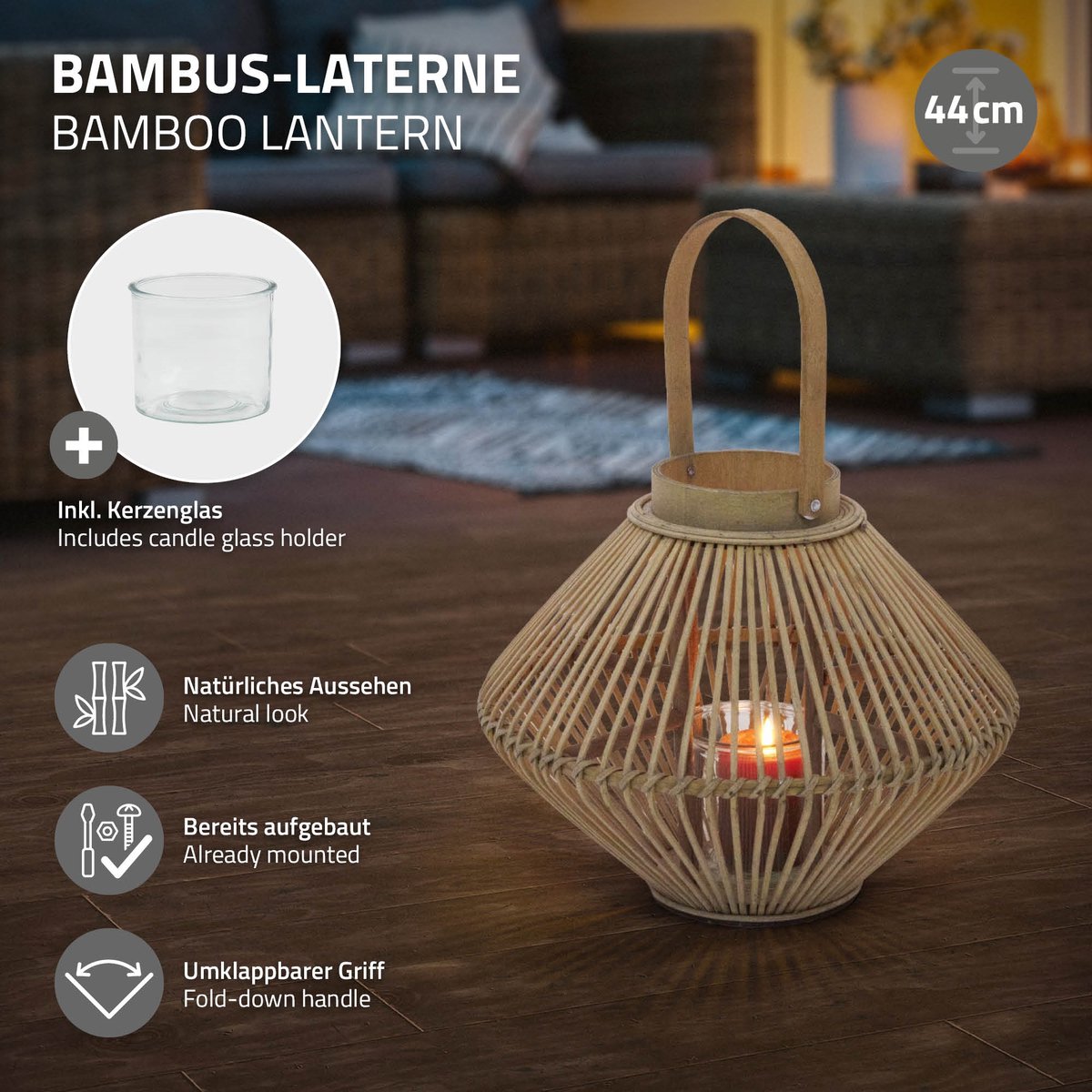 ECD Germany Bamboe lantaarn, decoratieve houten windlicht serie, grote kaarsenhouder van 44 cm hoog, luxe houtlook met glas en handvat, sfeervolle boho tuinlantaarn gevlochten stijl, moderne decoratie voor binnen buiten balkon terras en woonkamer — cadeau in Wonen & Interieur - foto 5