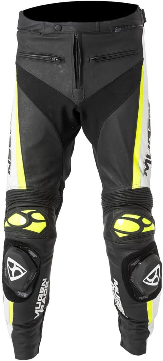 MUGENRACE RBRS-1 Zwart Wit Fluo Gele Leren Broek - Broek