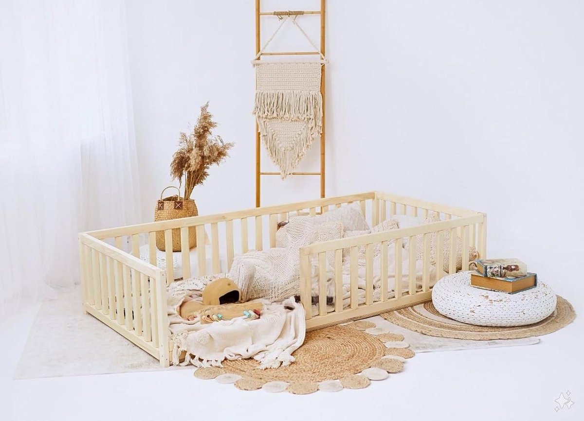Vloerbed Kinderen - Montessori Bed - Zelfstandig Slapen - Veiligheidsrail - 200x90cm - Natuurhout