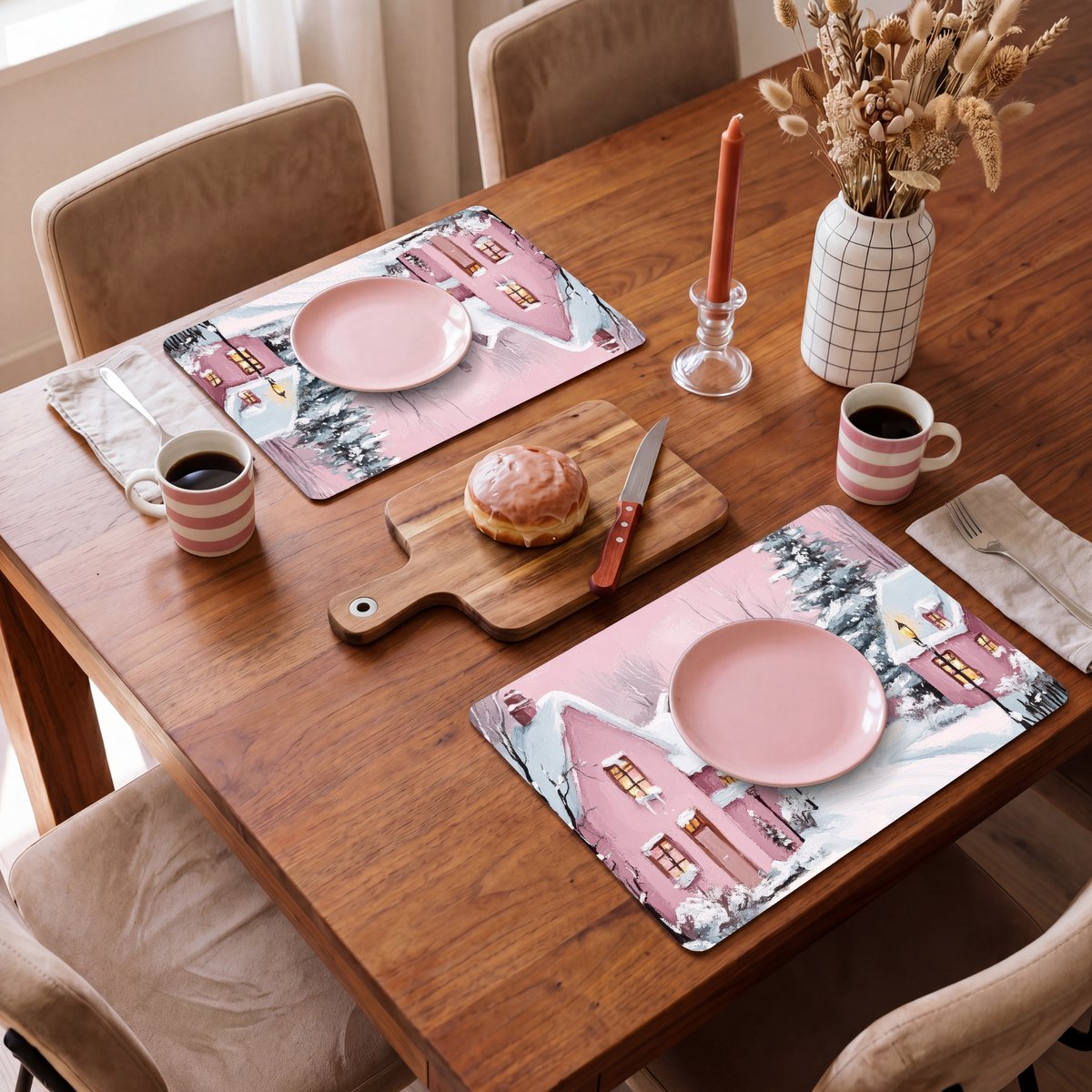 Placemats 45x30 cm - Placemat kunststof - 1 stuk - Kerstdorp - Roze - Winter - Sneeuw - Huizen - Borden onderleggers - Decoratie voor op tafel - Keuken tafeldecoratie accessoires - Vinyl onderlegger - Tafelversiering – foto 4