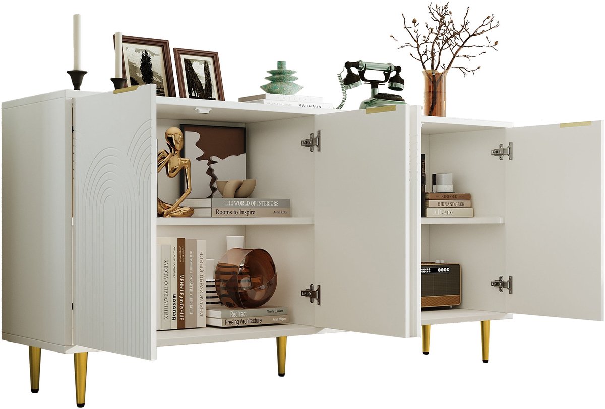 Merax Dressoir 160 cm - Sideboard Kast met 4 Deuren en Verstelbare Planken - Opbergkast Woonkamer met Gouden Handgrepen en Metalen Poten - Wit