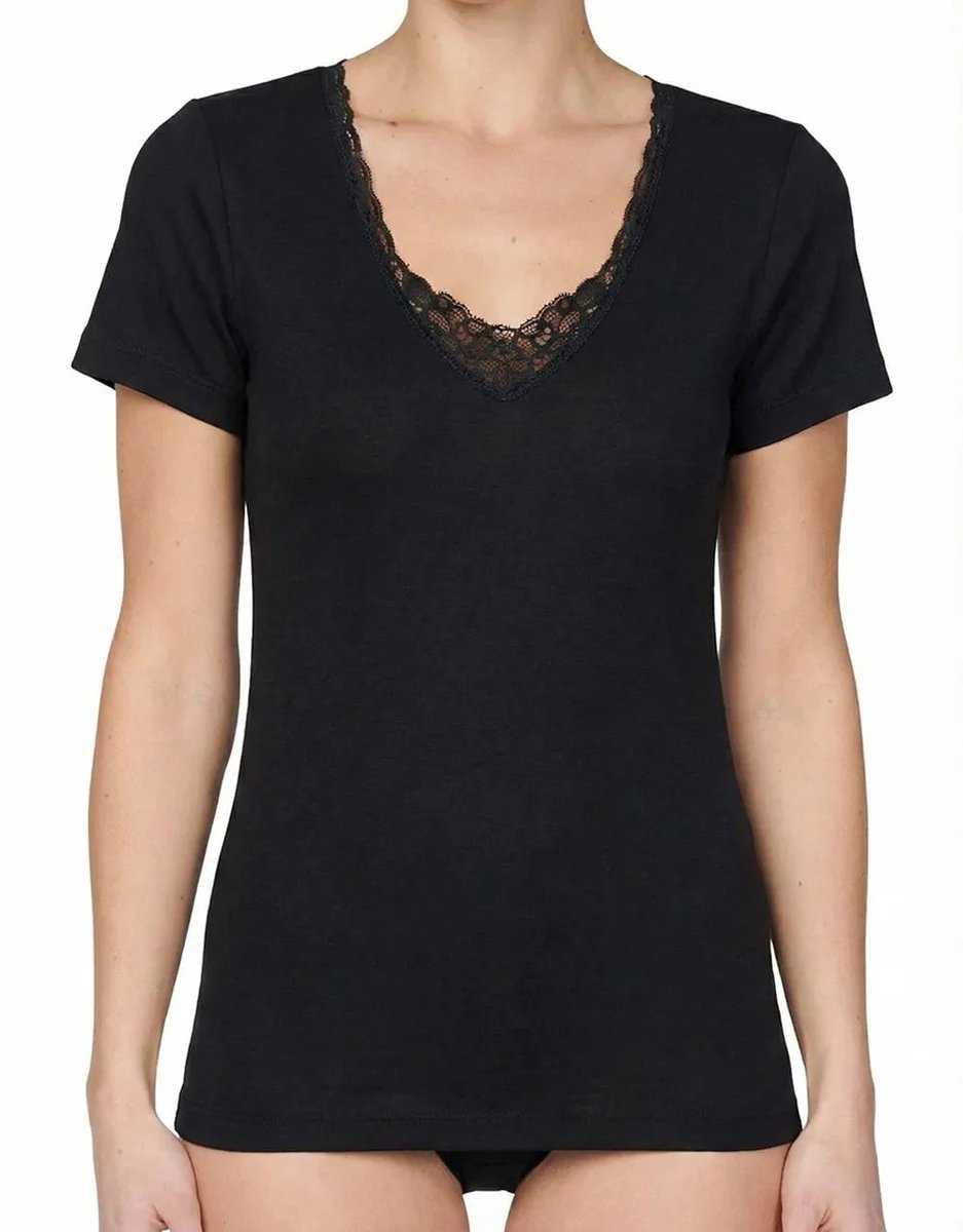 Entex dames thermo shirt korte mouw met kant - Wollen thermisch ondergoed dames - Zwart / L