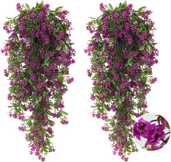 Twee paarse nep hangplanten met volle bosjes kleine paarse bloemetjes en groene blaadjes.