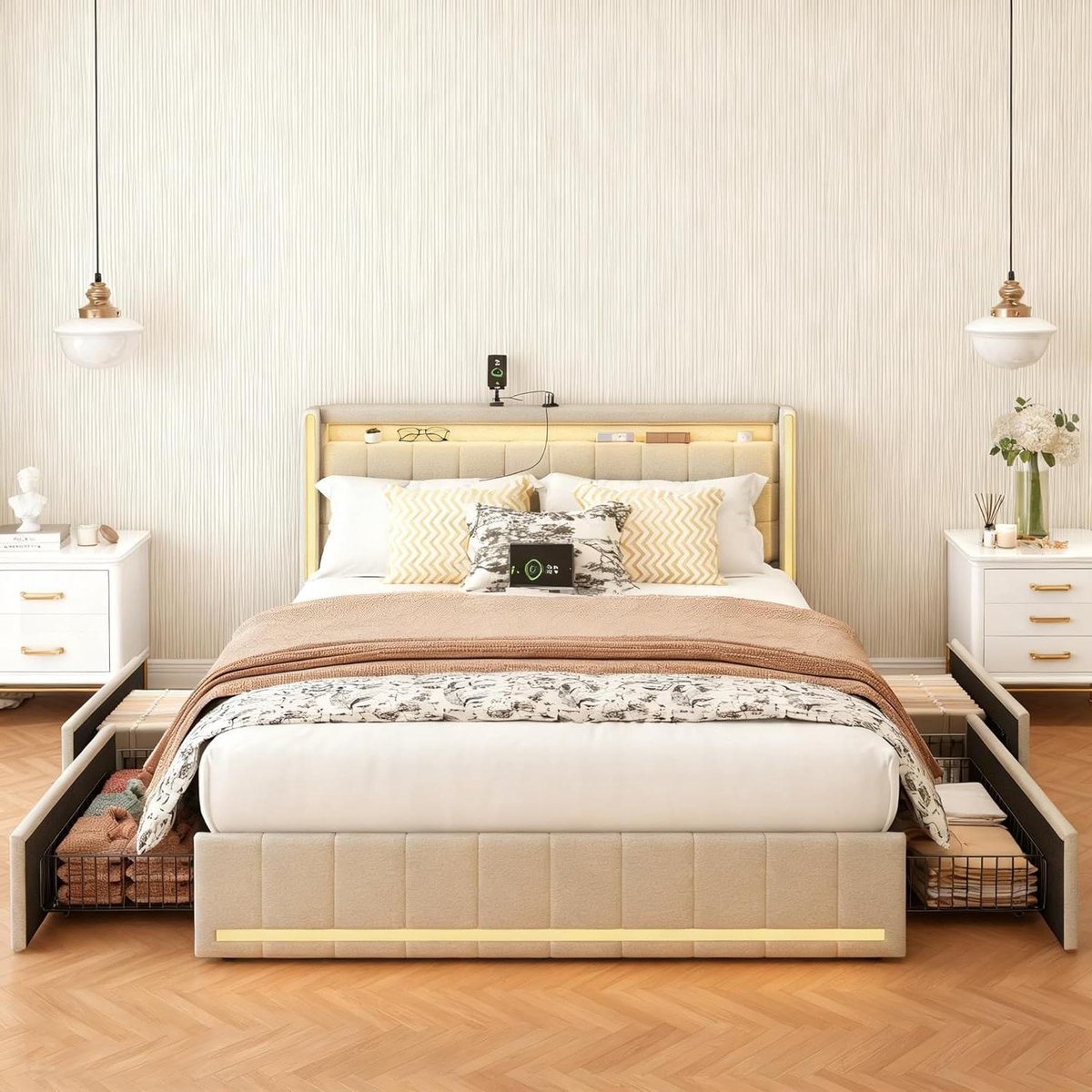 Gestoffeerd Bed - Tweepersoonsbed Linnen - Moderne Slaapkamer - Geïntegreerd USB Laadpunt 