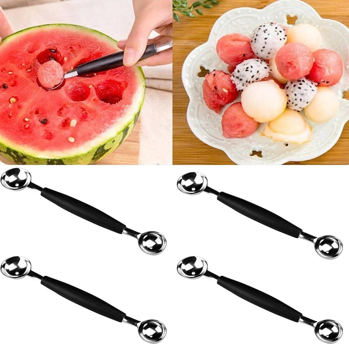 Meloen Ballers Set - Fruit Schep Lepel - Fruit Decoreren - Dubbelzijdig Ontwerp - 4 Stuks - Zilver
