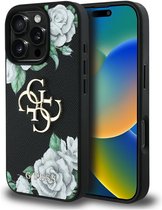 Guess Grained Roses Big 4G Serie - Hoesje voor iPhone 16 Pro - Zwart - Bloemenpatroon - Eco-leer