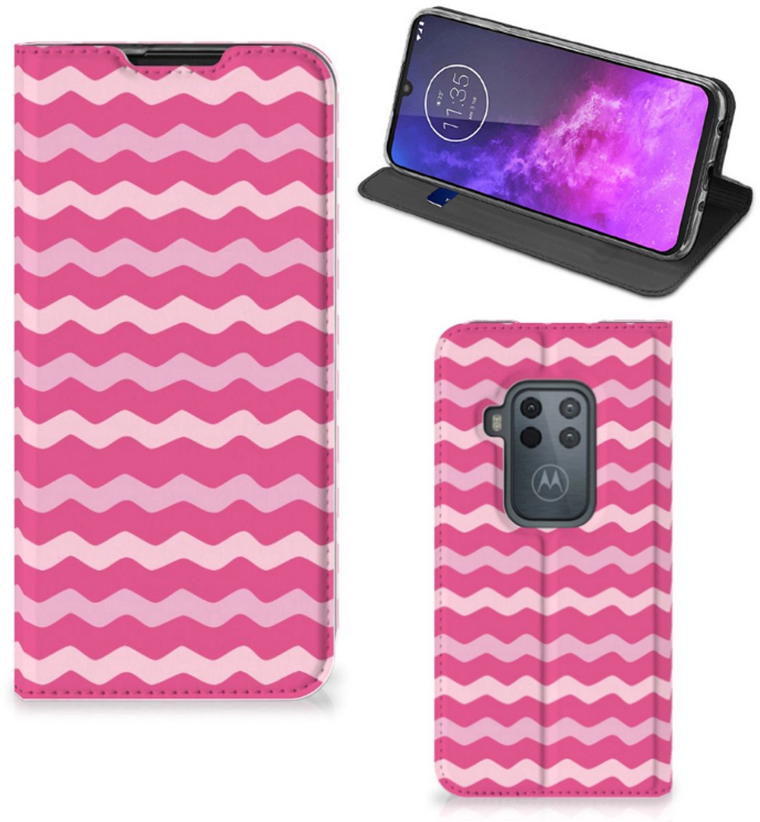 Book Case voor Motorola One Zoom Hoesje met Magneet Waves Pink