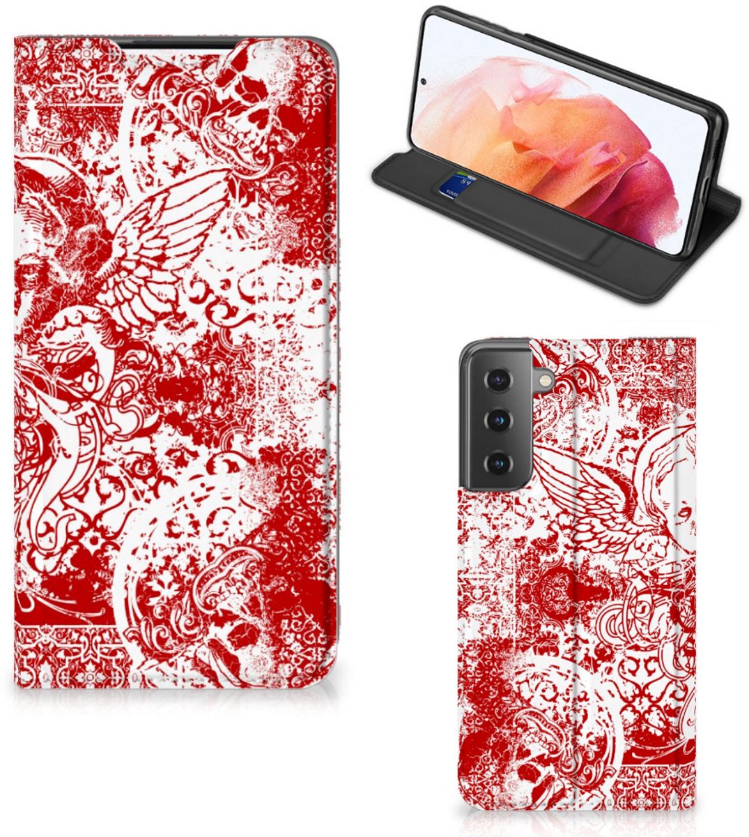 Mobiel BookCase Samsung Galaxy S21 Angel Skull Rood