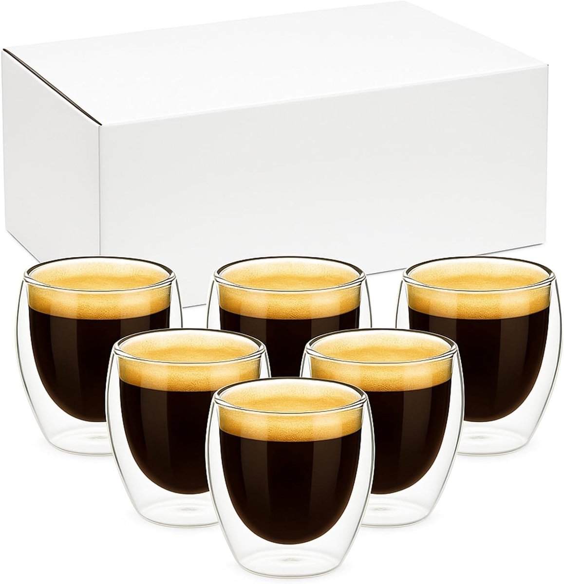 Set van 6 Espresso kopjes - 80 ml - Dubbelwandig - Vaatwasmachinebestendig - Thermoglas - Mondgeblazen borosilicaatglas