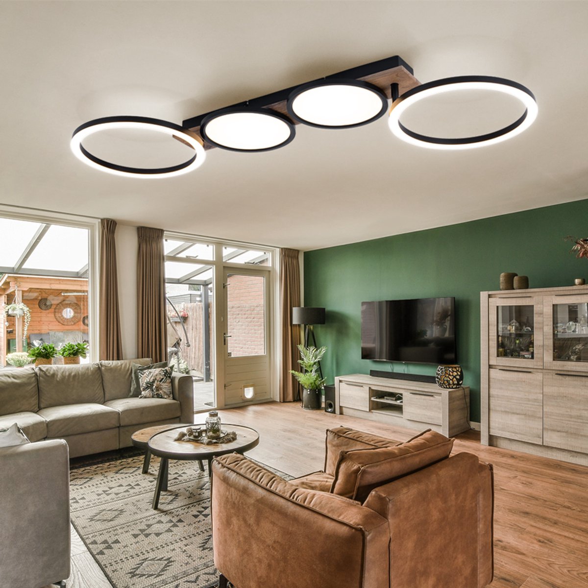 LED plafondlamp houtlook woonkamer zwart met beweegbare elementen, metaal, 38W 2300lm warm