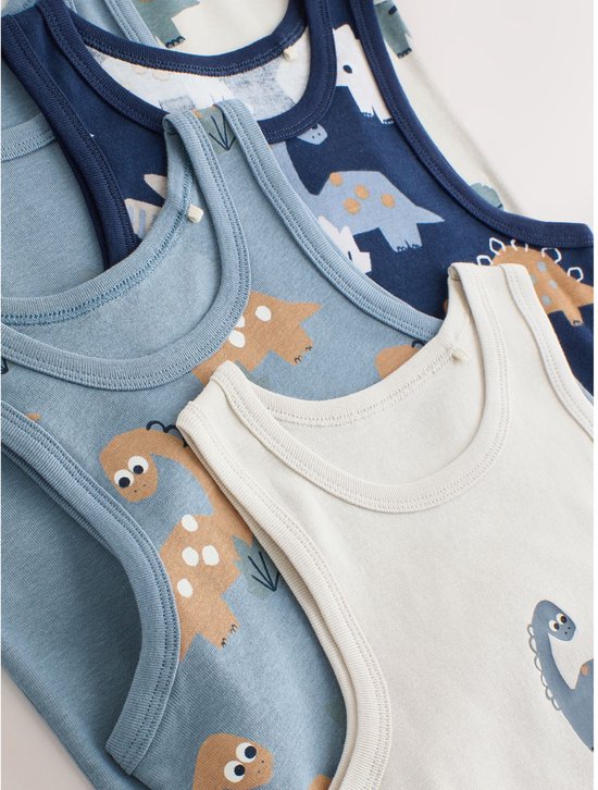 Set van 5 hemdjes met dinosaurusprintjes in verschillende kleuren.