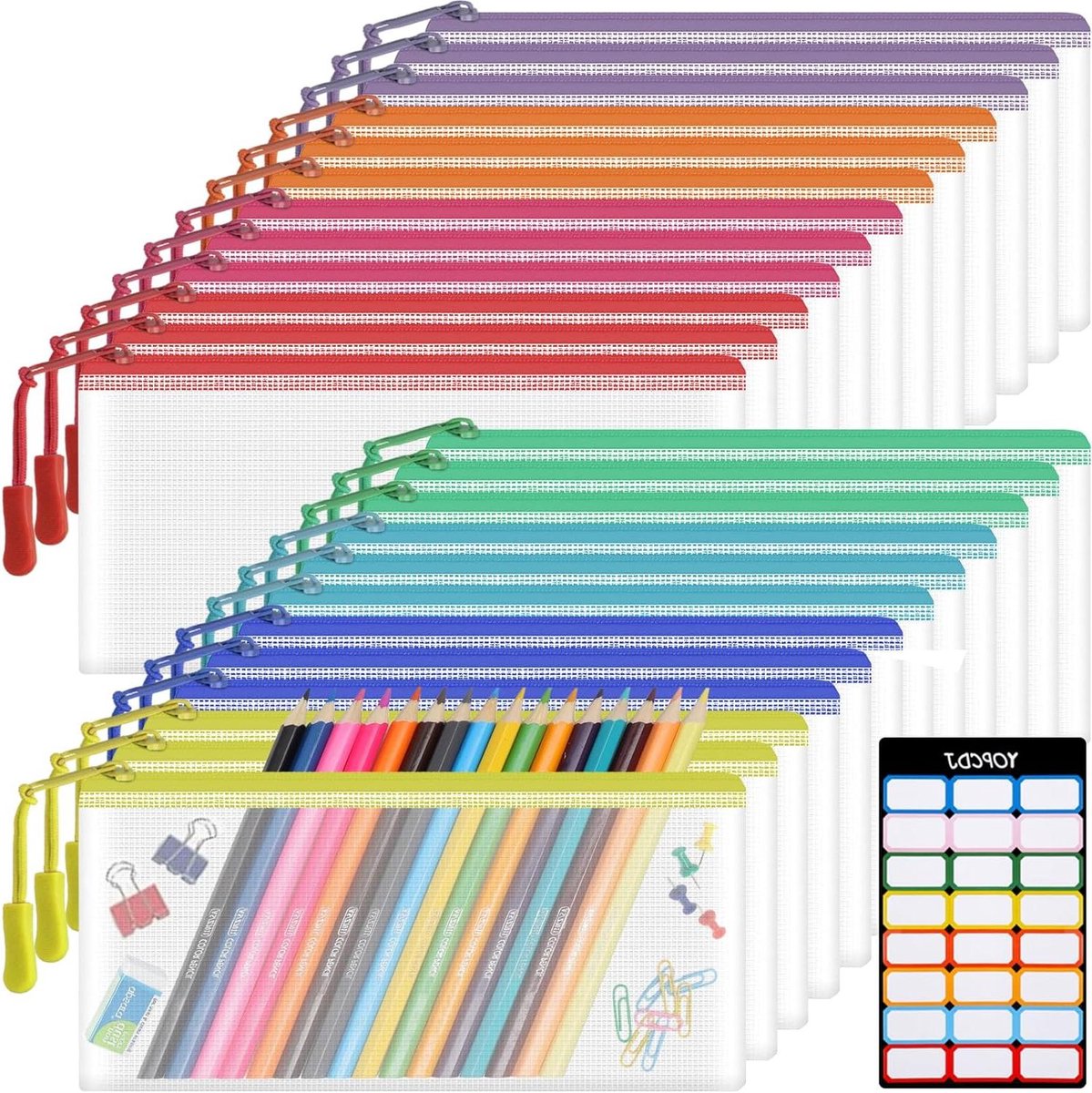 Mesh Ritszakjes - Opbergzakjes Doorzichtig - Organiseren van Spullen - Waterdicht PVC Materiaal - 24 Stuks A6 - 8 Kleuren