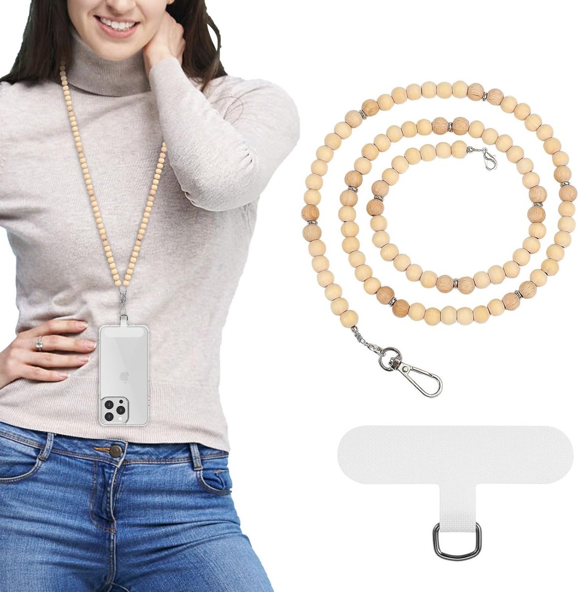 Universele Telefoon Lanyard, Kralen Telefoon Lanyard Tegen Diefstal, Afneembare Lanyard voor Smartphone met Patches in Houtkleur, Ideaal voor Vrouwen en iPhone