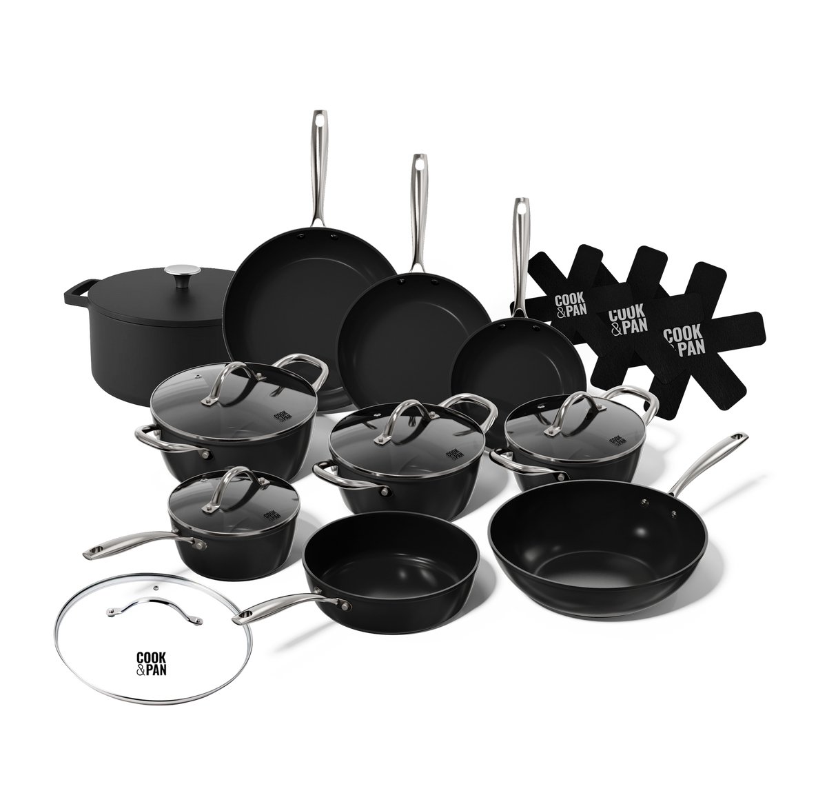 Cook & Pan - Pannenset 12-delig - PFAS vrij - Inductie Keramisch - Non stick - 7 jaar garantie - Zwart
