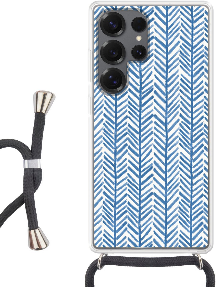 Telefoonhoesje Geschikt voor Samsung Galaxy S25 Ultra - Patroon - Streep - Blauw - Siliconen - Crossbody - Backcover met Koord - Telefoonhoesje met koord - Hoesje met touw Telefoonhoesje
