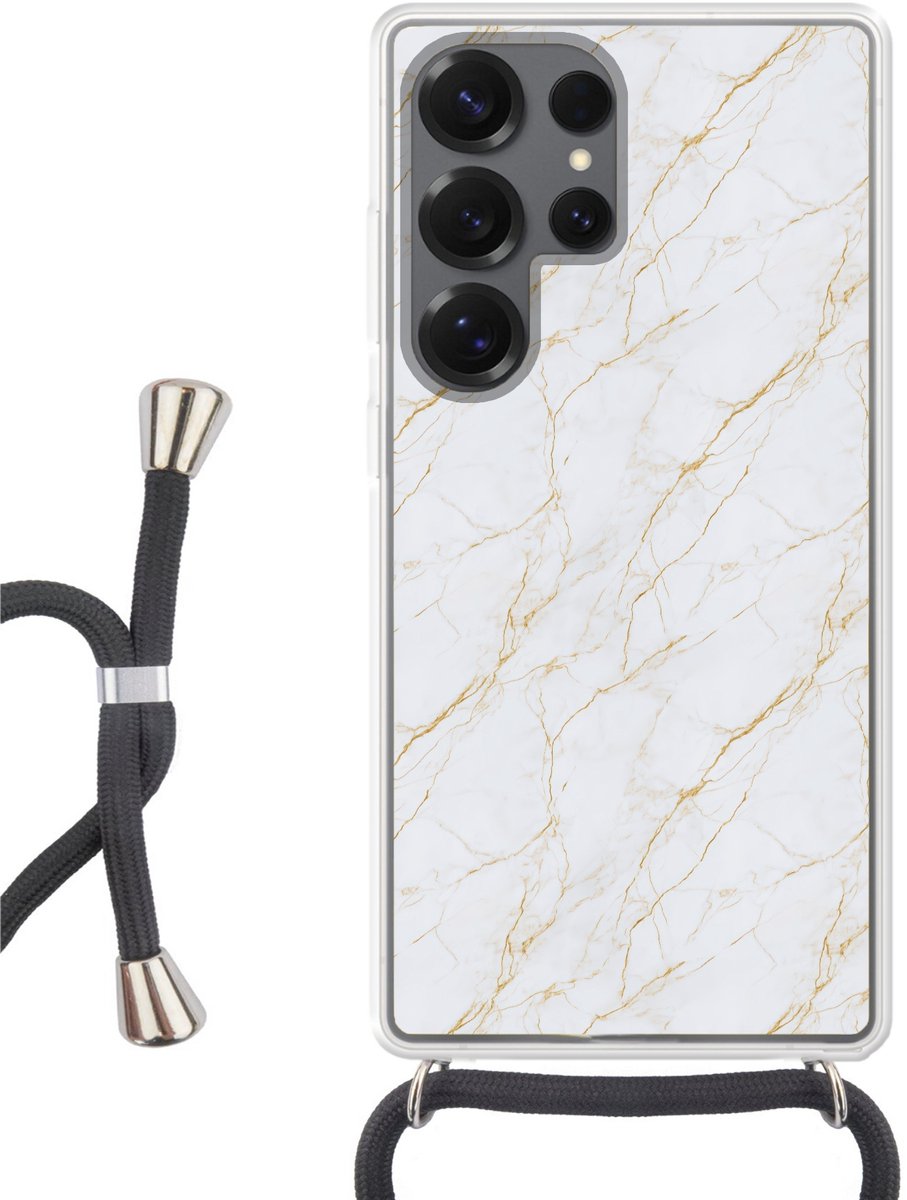 Telefoonhoesje Geschikt voor Samsung Galaxy S25 Ultra - Wit - Marmer print - Goud - Luxueus - Siliconen - Crossbody - Backcover met Koord - Telefoonhoesje met koord - Hoesje met touw Telefoonhoesje