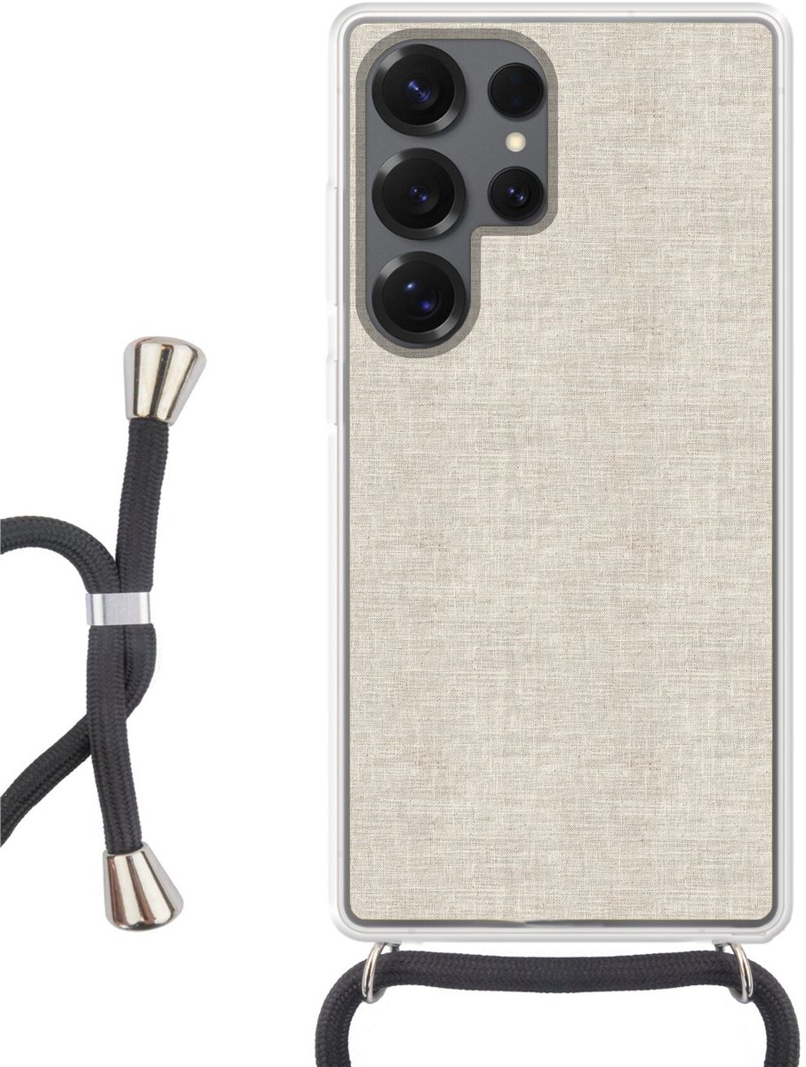 Telefoonhoesje Geschikt voor Samsung Galaxy S25 Ultra - Linnen - Textuur - Beige - Siliconen - Crossbody - Backcover met Koord - Telefoonhoesje met koord - Hoesje met touw Telefoonhoesje