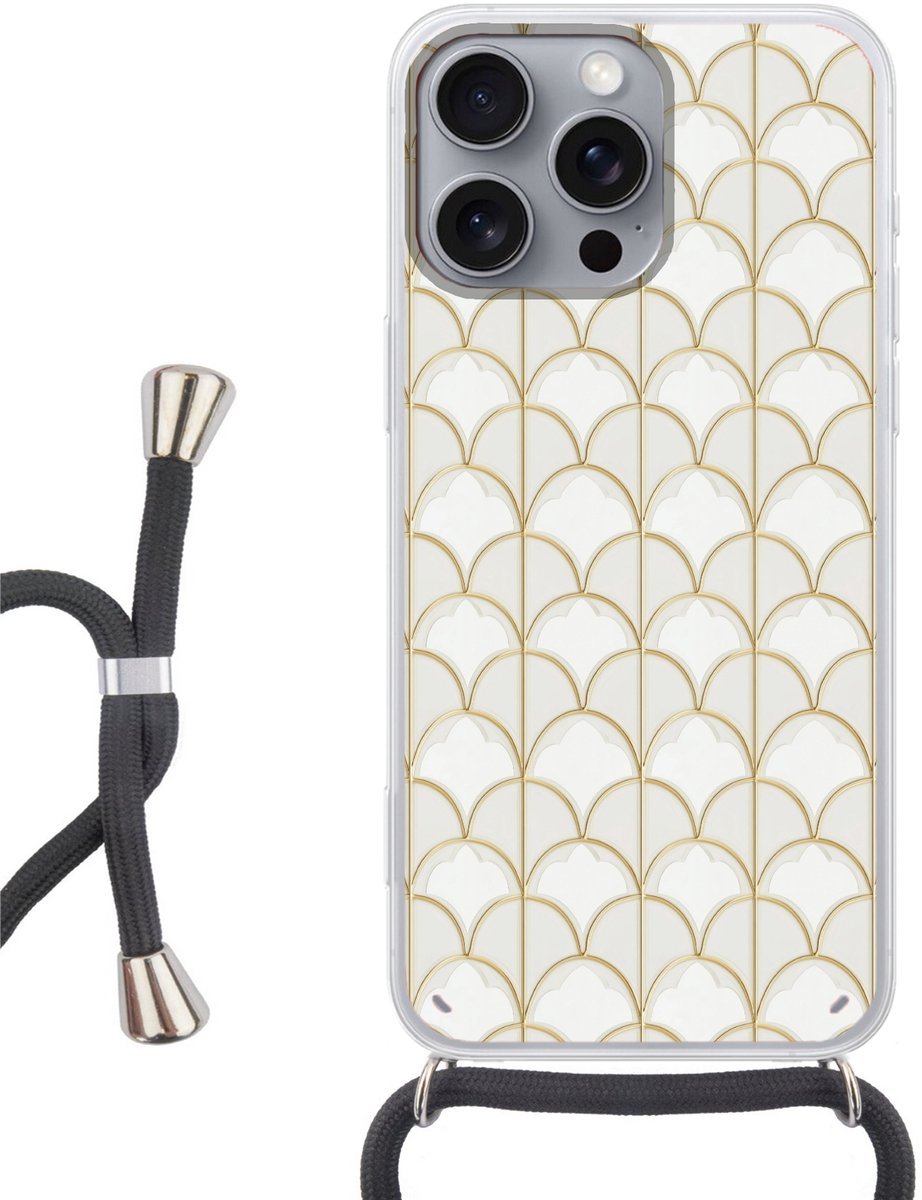 Telefoonhoesje Geschikt voor iPhone 16 Pro Max - Mozaïek - Bogen - Goud - Siliconen - Crossbody - Backcover met Koord - Telefoonhoesje met koord - Hoesje met touw Telefoonhoesje