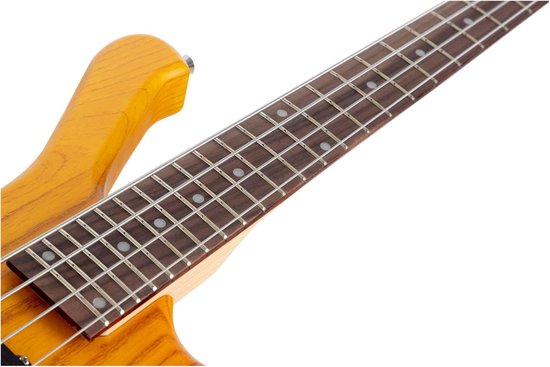 Close-up van de toets en body van een korte gele elektrische basgitaar met een houten nerf.