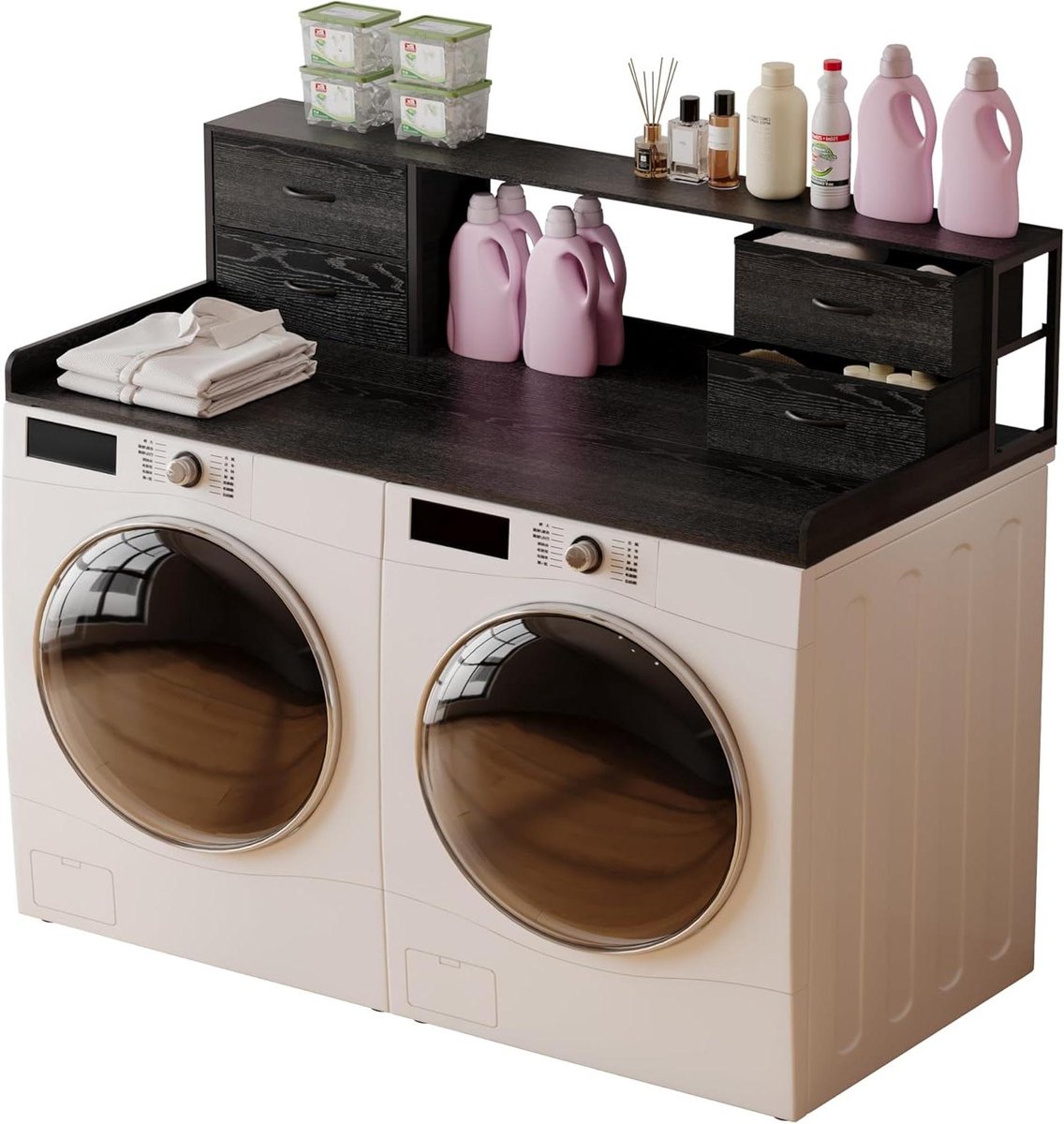 Wasmachine en Droger Meubel - Opzetstuk Wasdroger - Wasruimte Organiseren - Met Lades en Plank