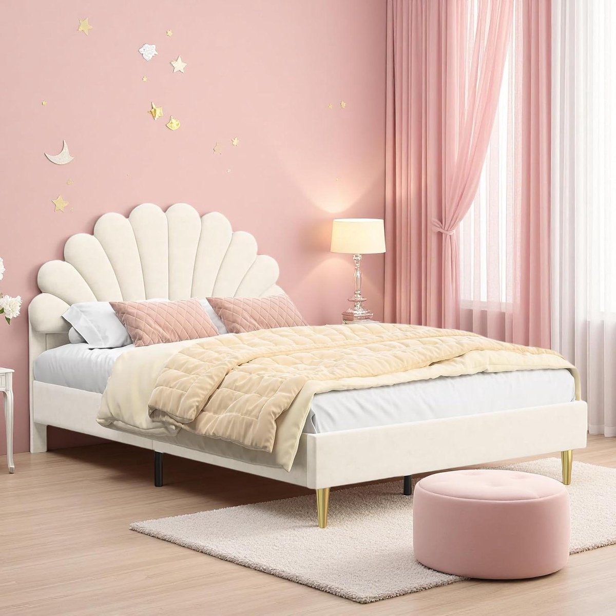 Gestoffeerd Bedframe - Tweepersoonsbed Houten Bed - Slaapkamer Inrichten - Verstelbaar Bloemenhoofdeinde - 140 x 200 cm - Beige