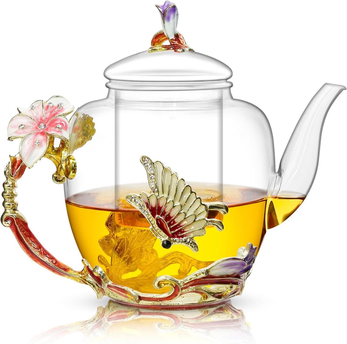 Theepot Emaille - Glazen Theepot - Thee Zetten - Met Uitneembaar Zeefje - 1300 ml - Roze Lelie