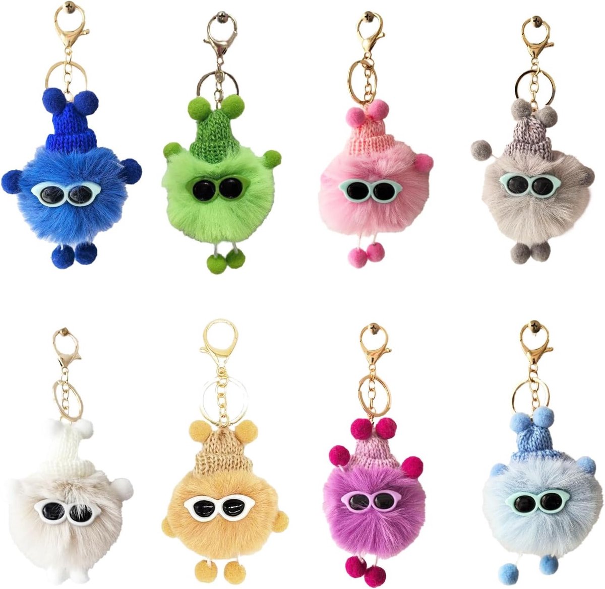 Pompom Sleutelhanger Set van 8 Stuks, Pluche Tas Charms voor Sleutels, Telefoons en Rugzakken in Diverse Kleuren