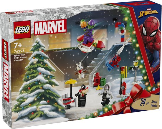 LEGO Marvel Spider-Man adventskalender met kerstboom, sneeuw, Spiderman, Green Goblin en 24 cadeautjes.