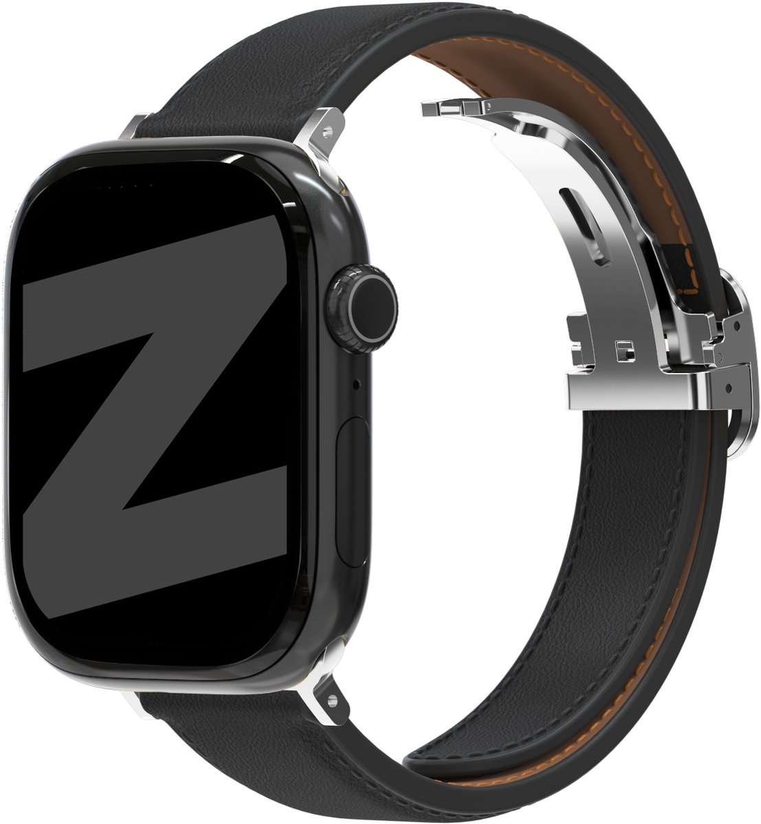 Bandz Apple Watch leren bandje D-Type - horlogebandje geschikt voor Apple Watch 1/2/3/4/5/6/7/8/9/10/11/SE/Ultra (2) (38/40/41/42mm) - zwart