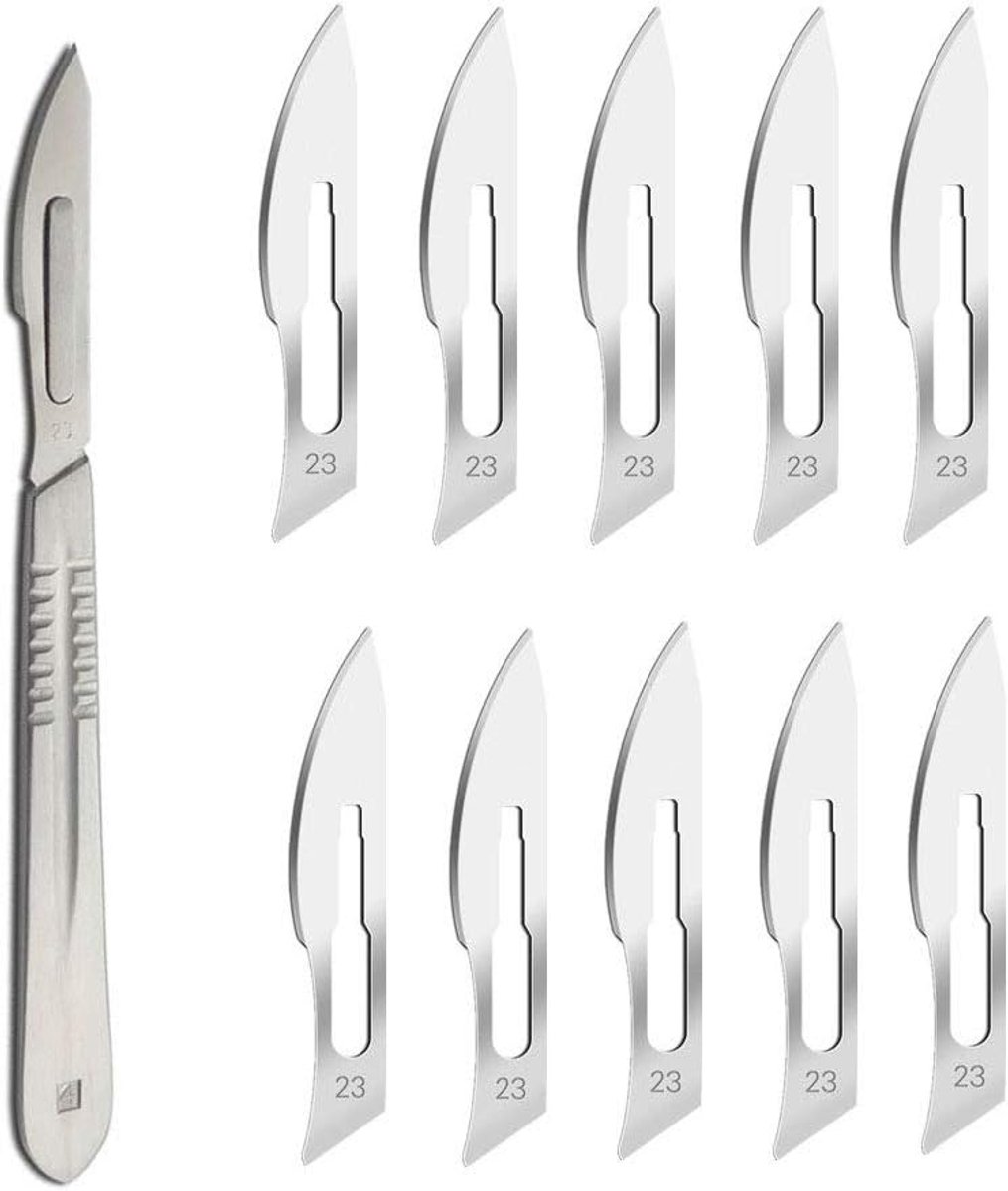 Scalpel Blades #23 met Handle #4 - Steriele Enkele Blade Razor voor Dermaplaning - Beslissing - Podiatrie en Professionele Jassen Zorg - Acne Verwijderaar - Mobiele Telefoon Reparatie