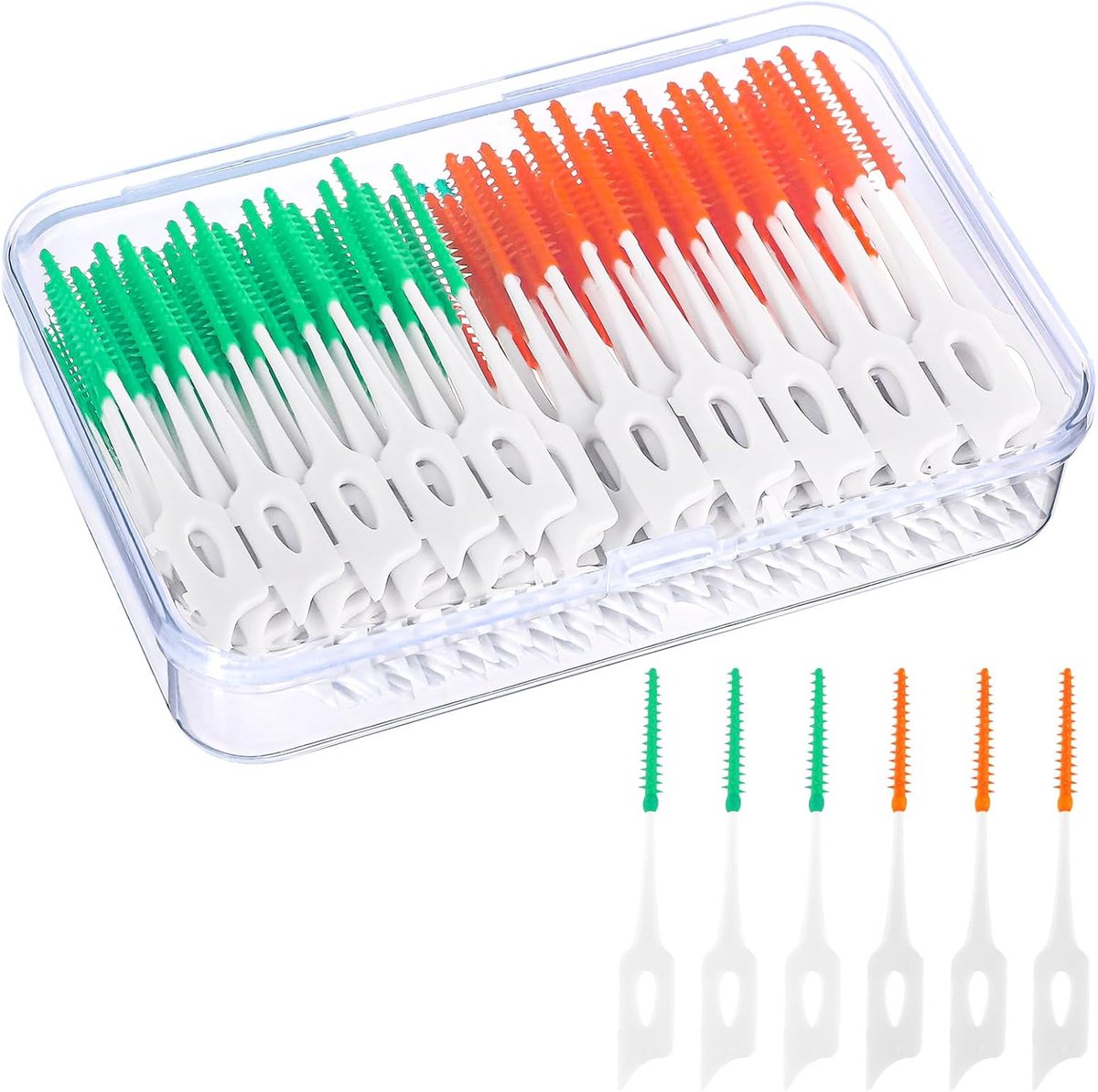 Pack van 200 Interdental Brushes - Silicone Interdental Brushes - Tandenborstels met Doos - Draagbare Tandzijde Stok voor het Reinigen van Tanden Tussen Ruimtes (Groen, Oranje)