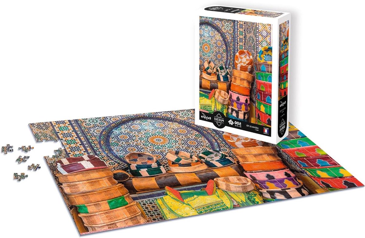 Calypto 3907354 Medina de FES, 500 Teile XL-Puzzle mit Soft-Touch, große Puzzleteile mit samtiger Oberfläche, für Erwachsene und Kinder ab 8 Jahren, Marokko, Körbe, Mosaik
