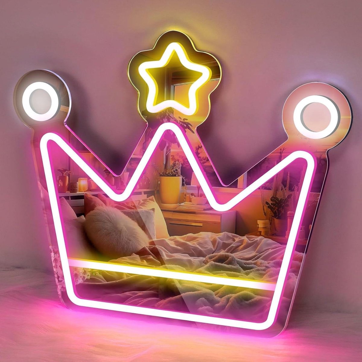 Roze kroonspiegel LED-bord, 13,7 x 15,7 inch USB-aangedreven spiegel neonborden, dimbare LED-kaptafel slaapkamerdecoratie, cadeau voor vrouwen (roze en geel en wit)