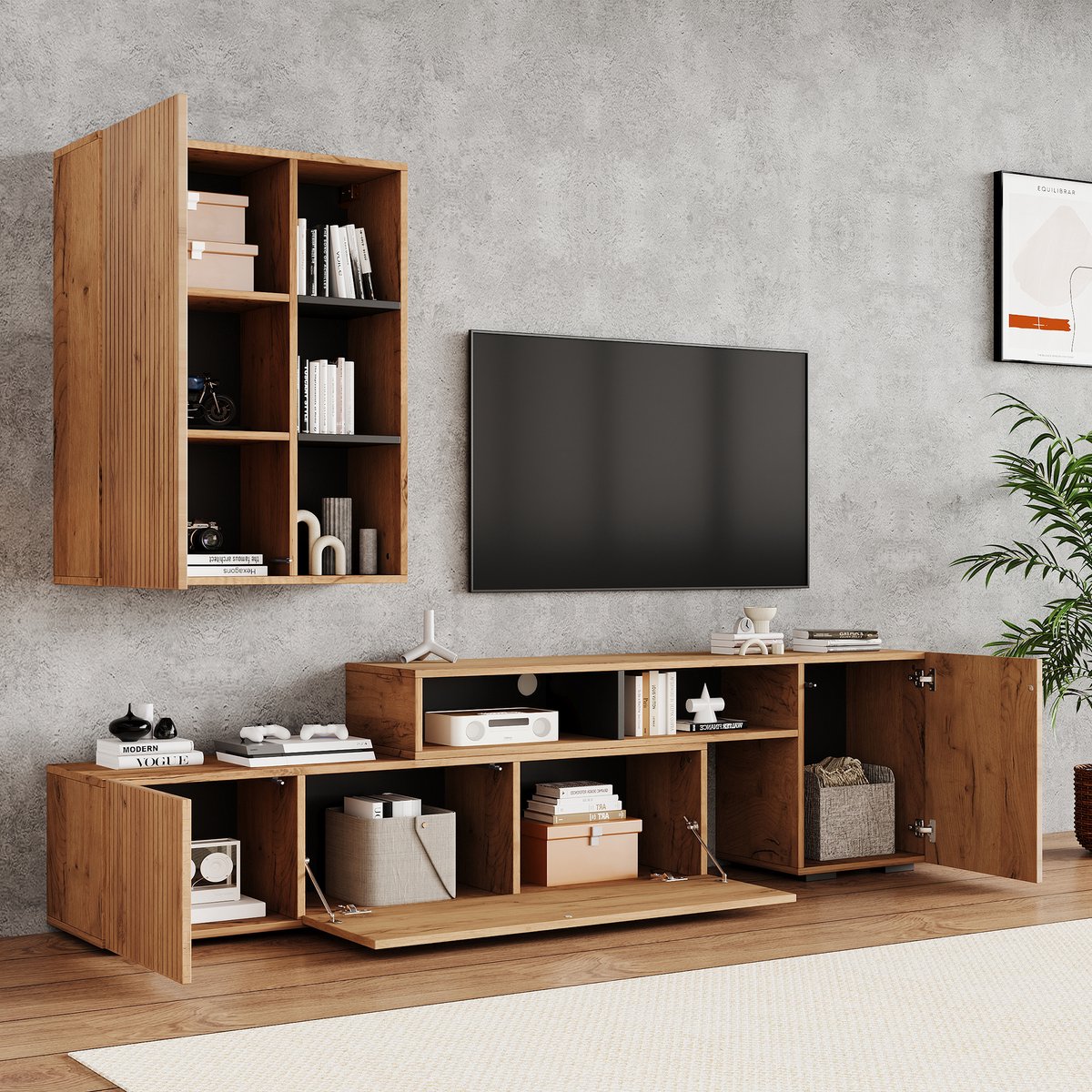FloraGrace Tv Meubel Set - Verstelbare Tv Kast Met Wandkast En Opbergruimte - Voor Woonkamer - Spaanplaat - 174-265 Cm - Eiken Houtkleur