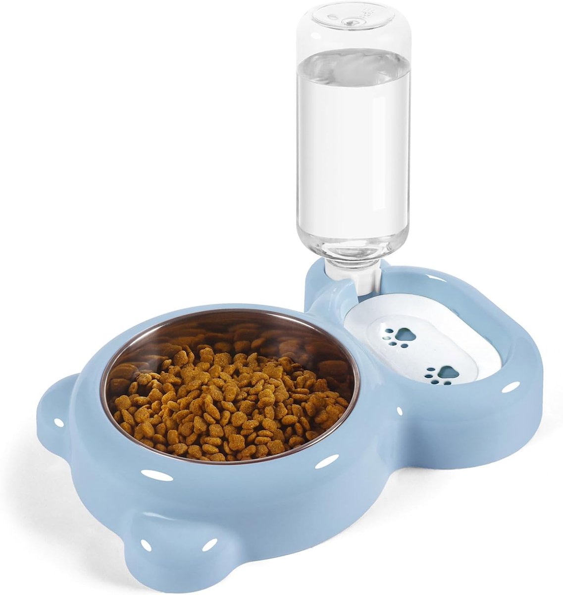 OLOEY Voer- en waterbakset voor honden en katten met waterdispenser en roestvrijstalen kom-geschikt voor katten en kleine honden - Blauw