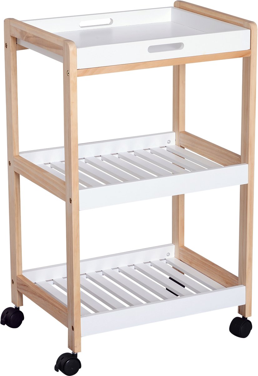Killogood Verrijdbare serveerkeukenbijzettafel - 2 planken + verwijderbaar blad van grenen MDF wit