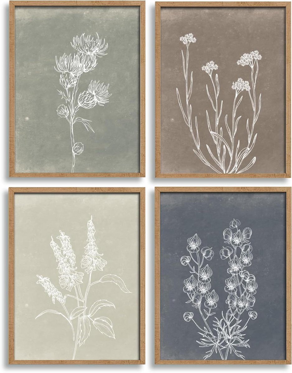 Boho muurkunst set - Botanische prints - Wanddecoratie - Houten frame - 30 x 40 cm - Bruin