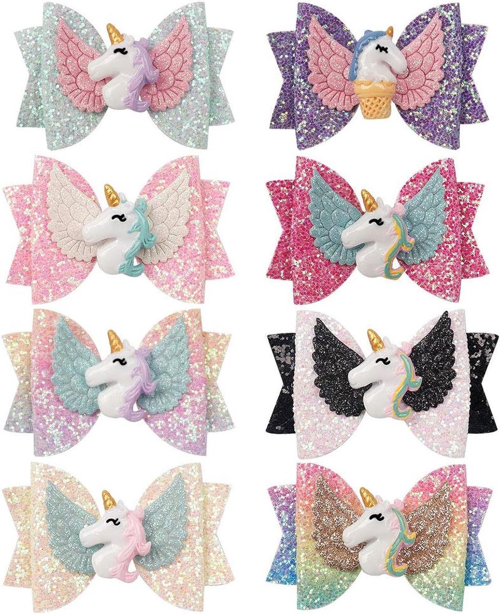 Glitter Haar Bogen - Unicorn Strikken - Haar Accessoires - Set van 8 Stuks - 3 Inch - 8 Kleuren